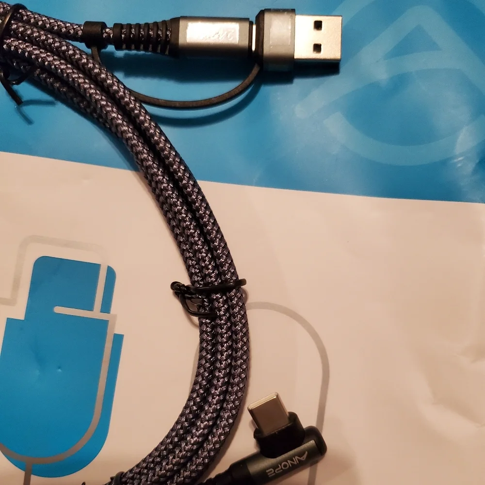 Elbow Braided USB-C to USB-C Charger for Cells w/ removable USB-A for Computers